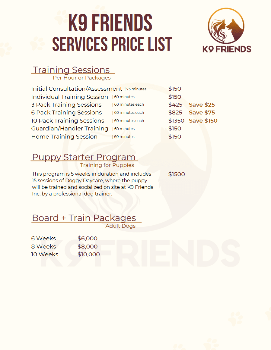 K9 Friends dog training, puppy program and board and train price list