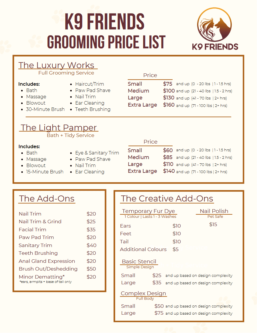 K9 Friends dog grooming price list with full groom and bath packages