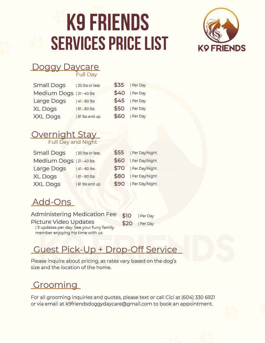 K9 Friends doggy daycare and overnight boarding price list