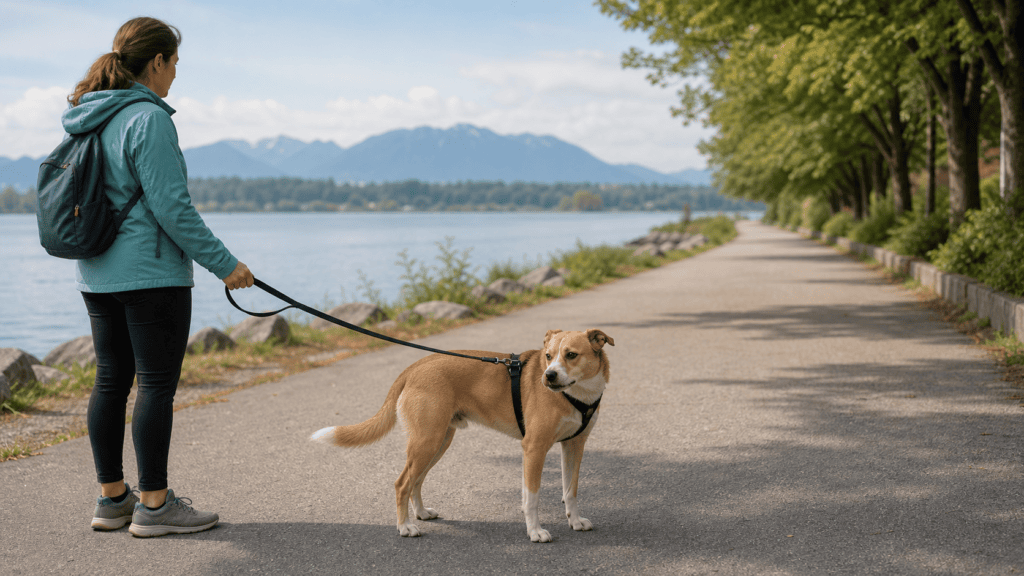 Owner walking her dog on a lakeside path near Langley BC
