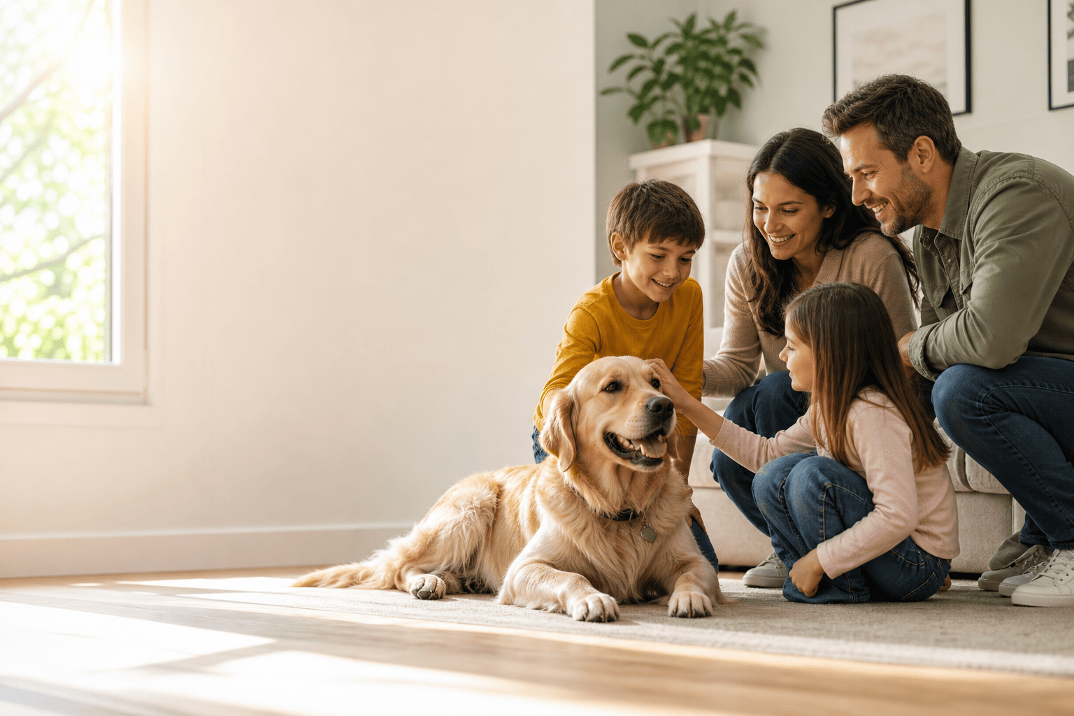 Family with children sitting with their golden retriever on the living room floor