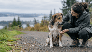Owner crouching beside her dog on a gravel path above the water