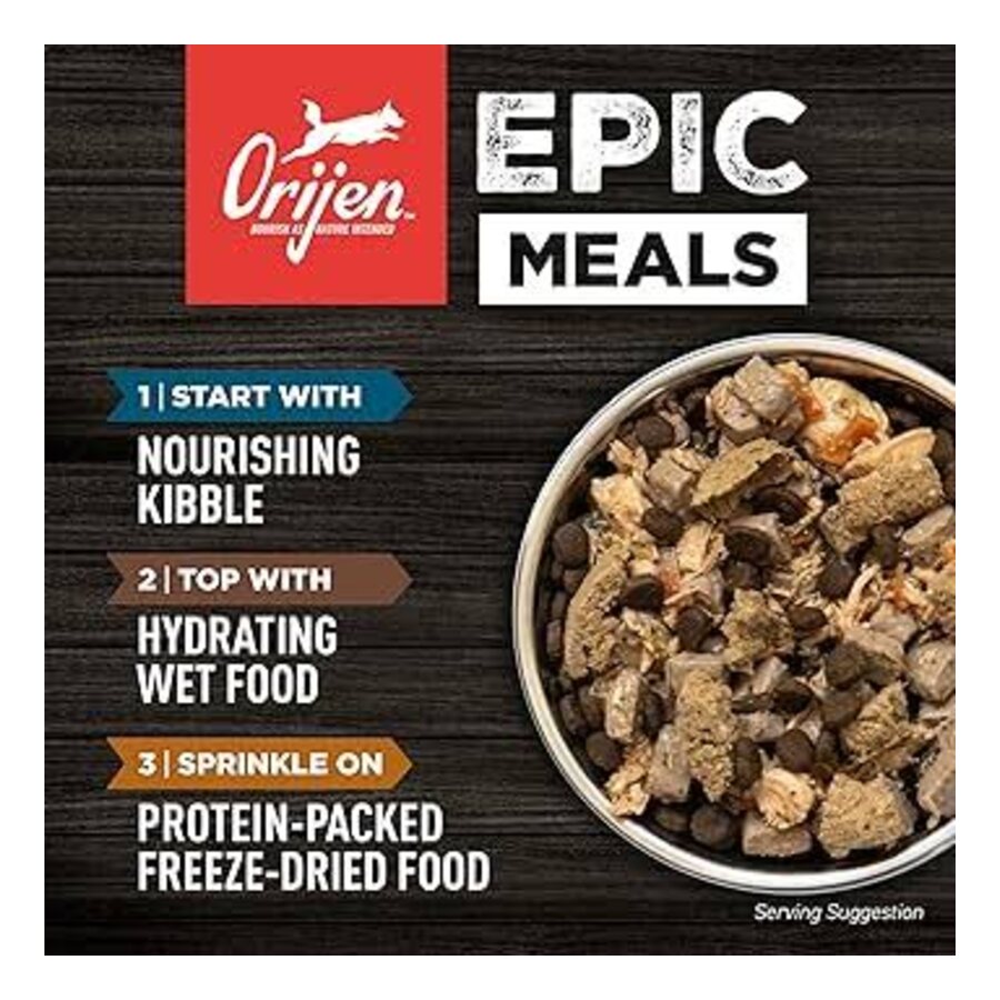 Orijen Epic Meals feeding guide: kibble topped with wet food and freeze-dried topper at K9 Friends Langley