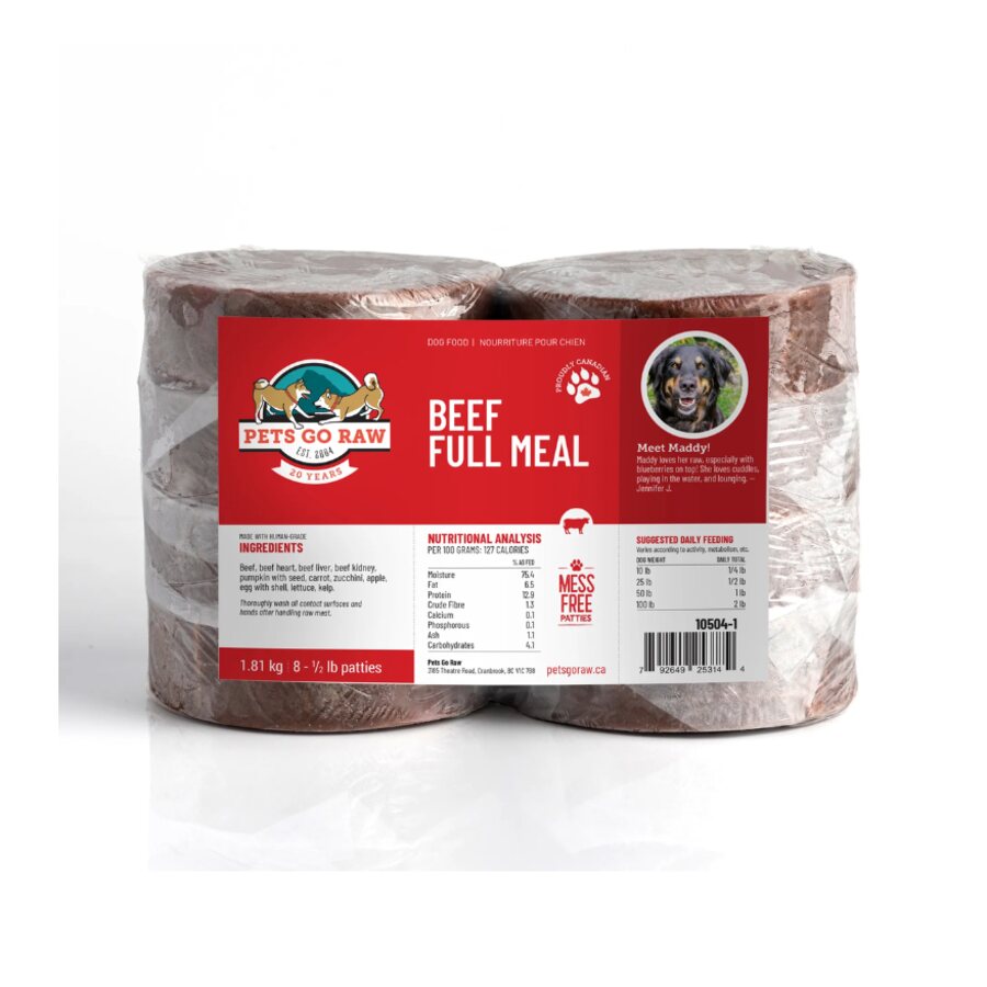 Pets Go Raw beef full meal raw dog food rolls at K9 Friends Langley